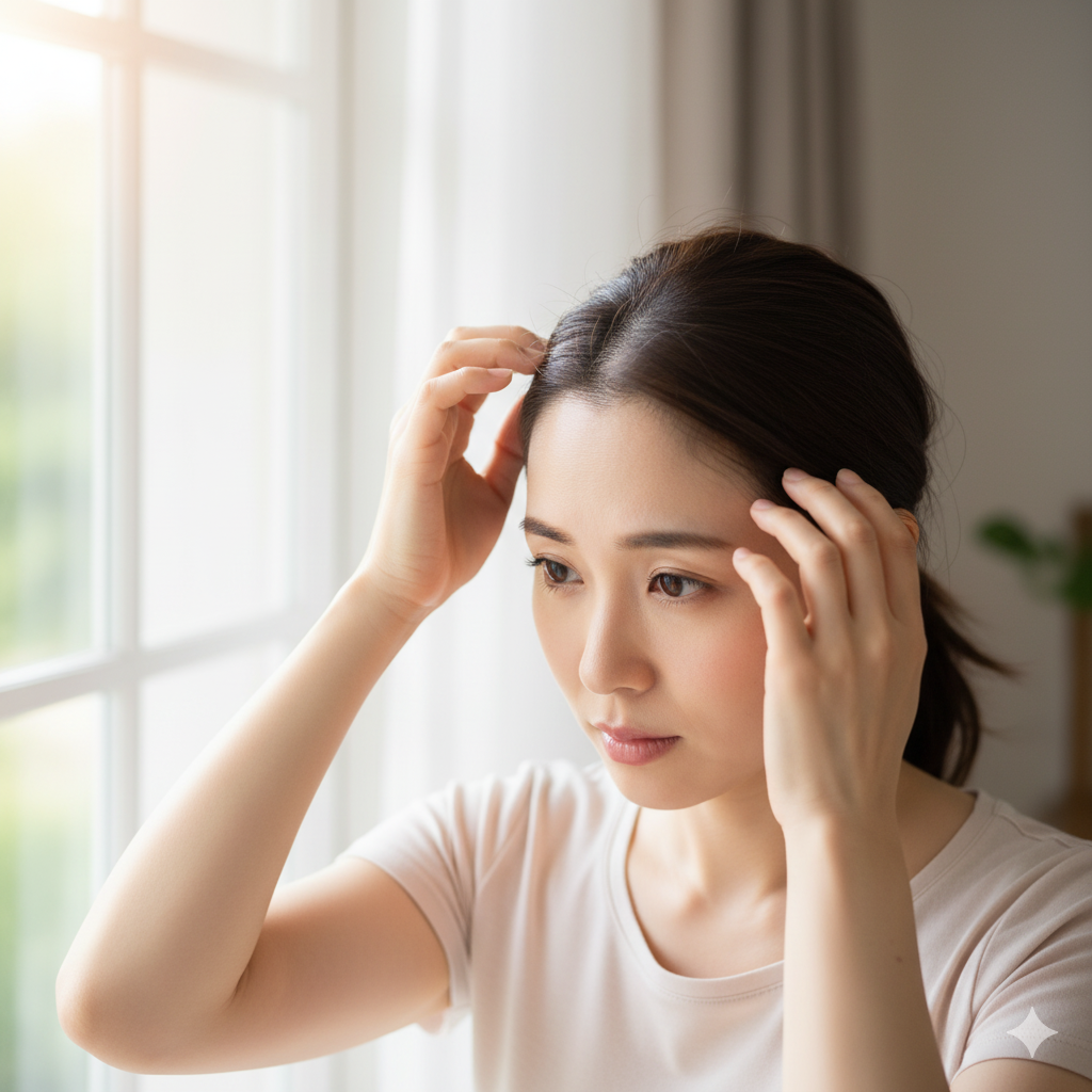 産後の女性が窓辺で髪に触れながら、生え際の変化を心配そうに見つめている様子を写したリアルな写真。
