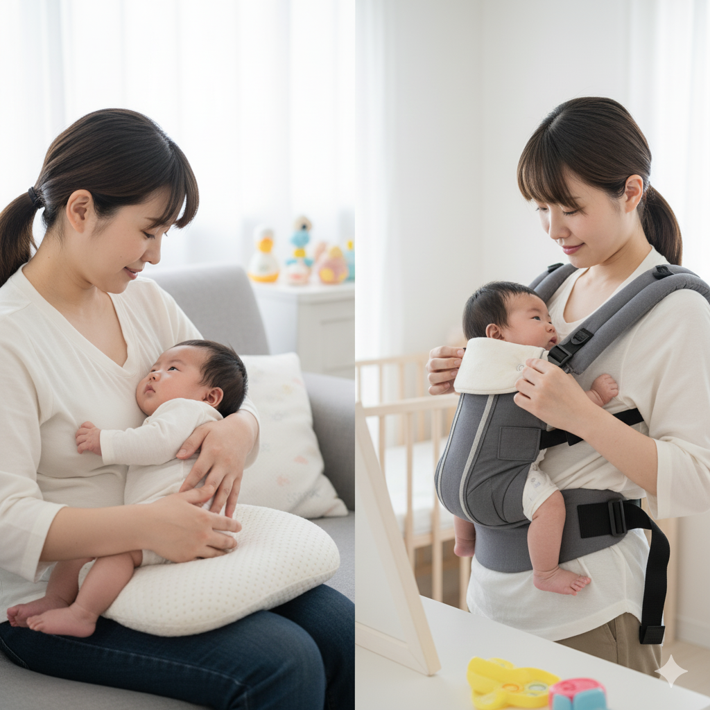 授乳姿勢や抱っこ紐の使い方に注意しながら赤ちゃんと過ごす産後ママのリアル写真風イメージ
