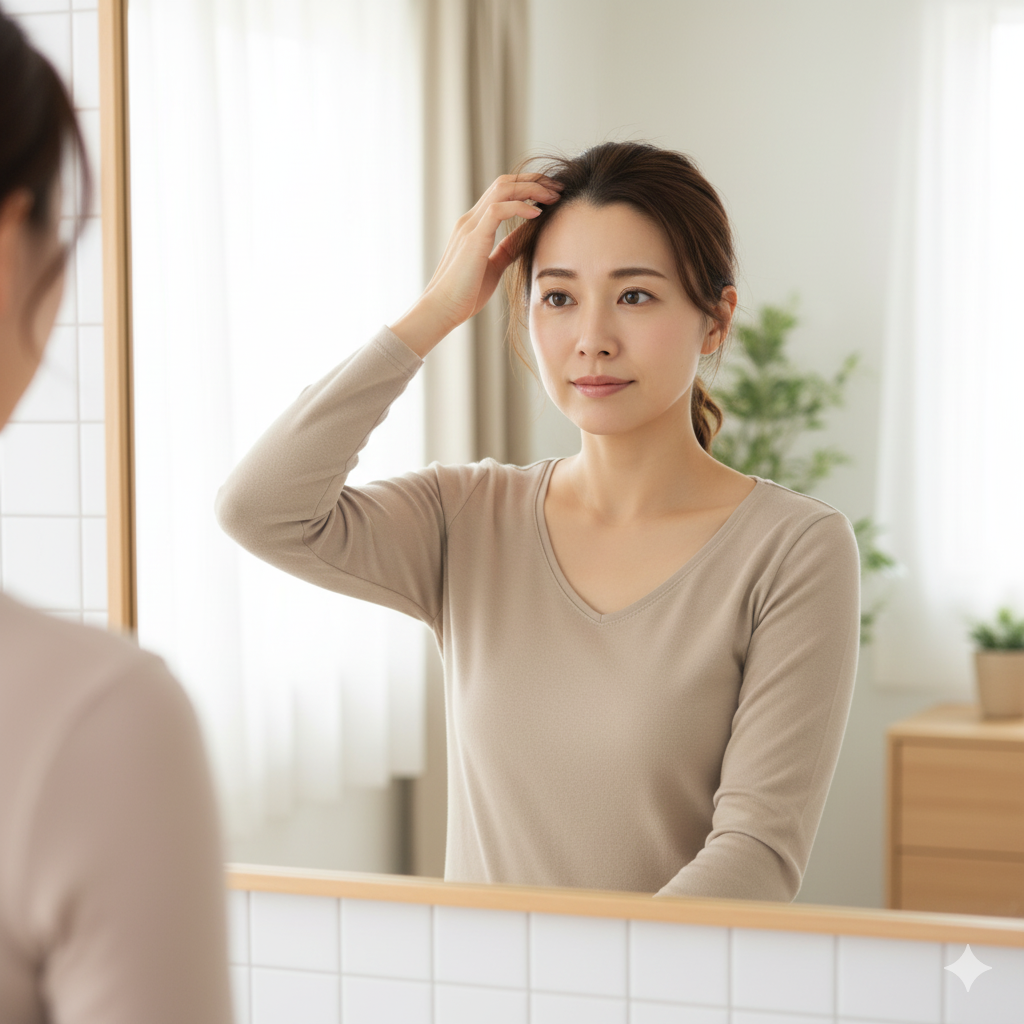 産後の女性が鏡の前で薄くなった髪の生え際を確認している様子を写したリアルな写真。