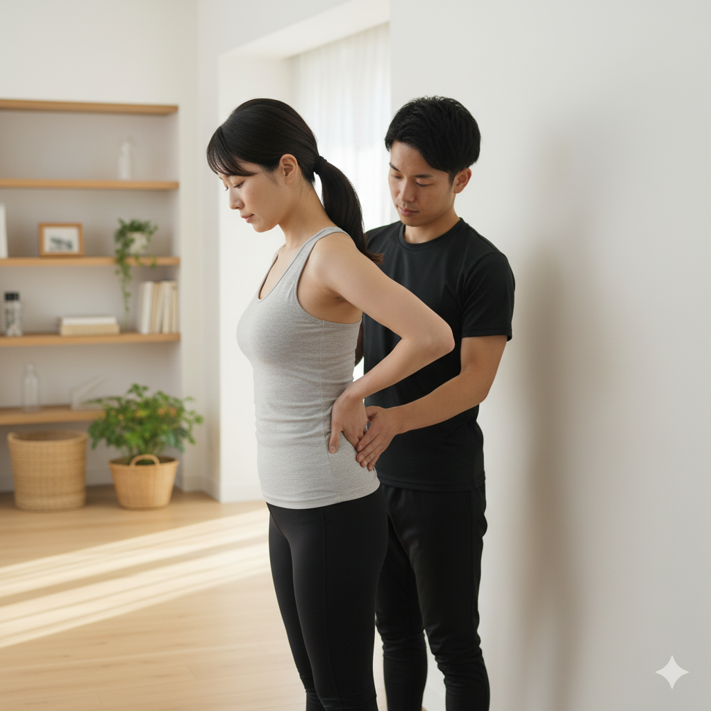 パーソナルトレーナーの指導で姿勢を整えている産後の女性の様子。