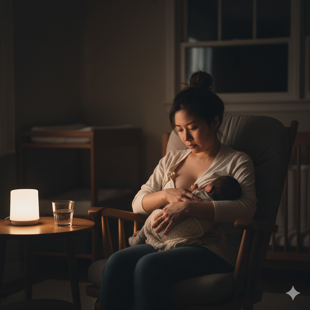 夜中に授乳する日本人の産後ママのリアルな写真