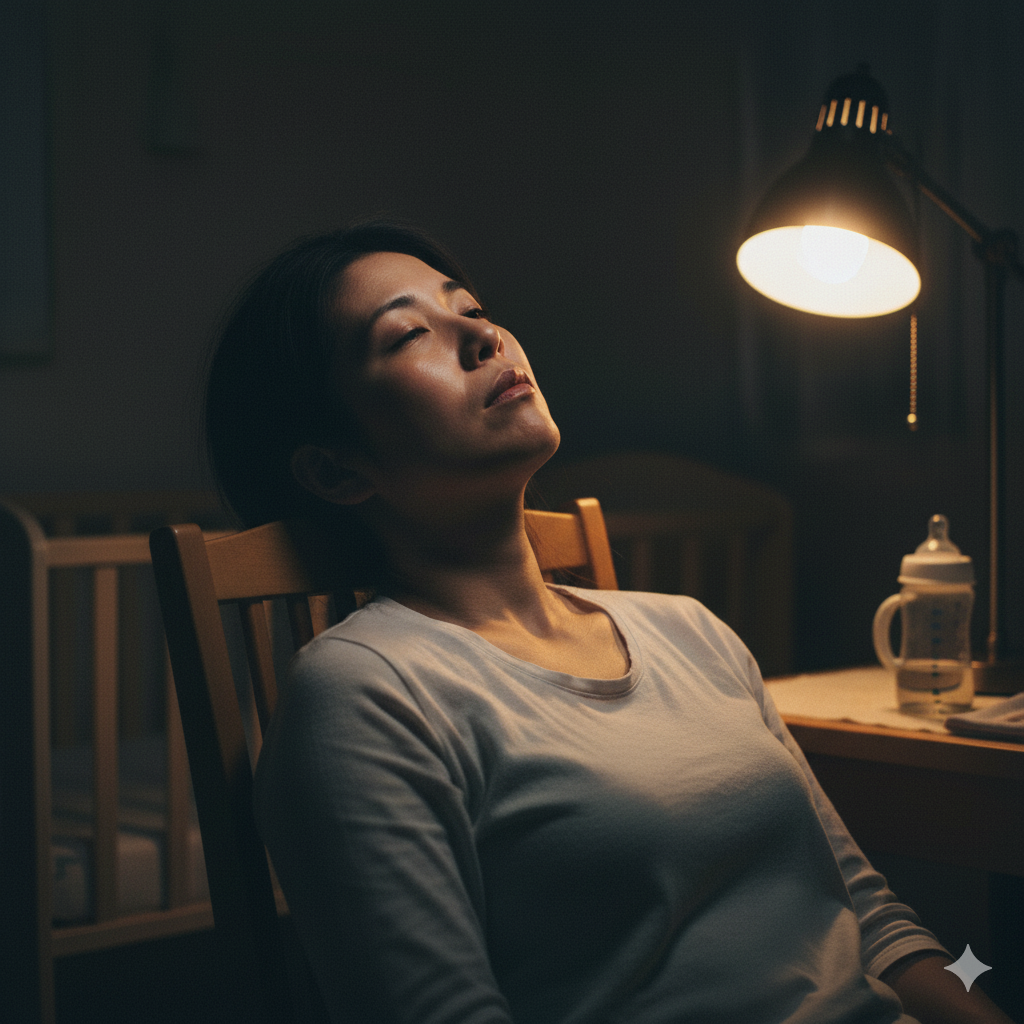夜中に授乳を終えて椅子にもたれ、疲れた表情を浮かべる産後の母親の様子。