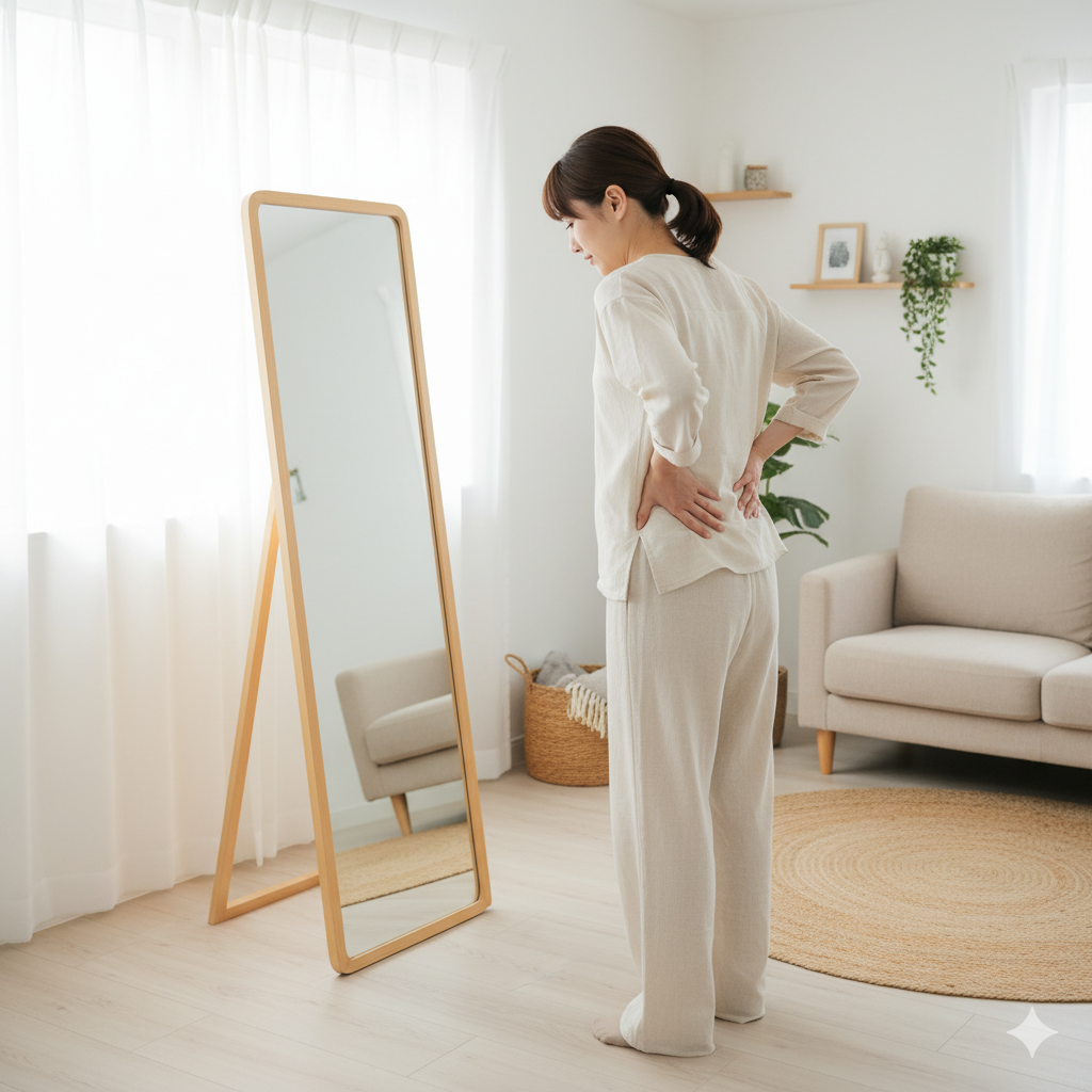 産後の女性が鏡の前で自分の反り腰の姿勢を確認している様子。