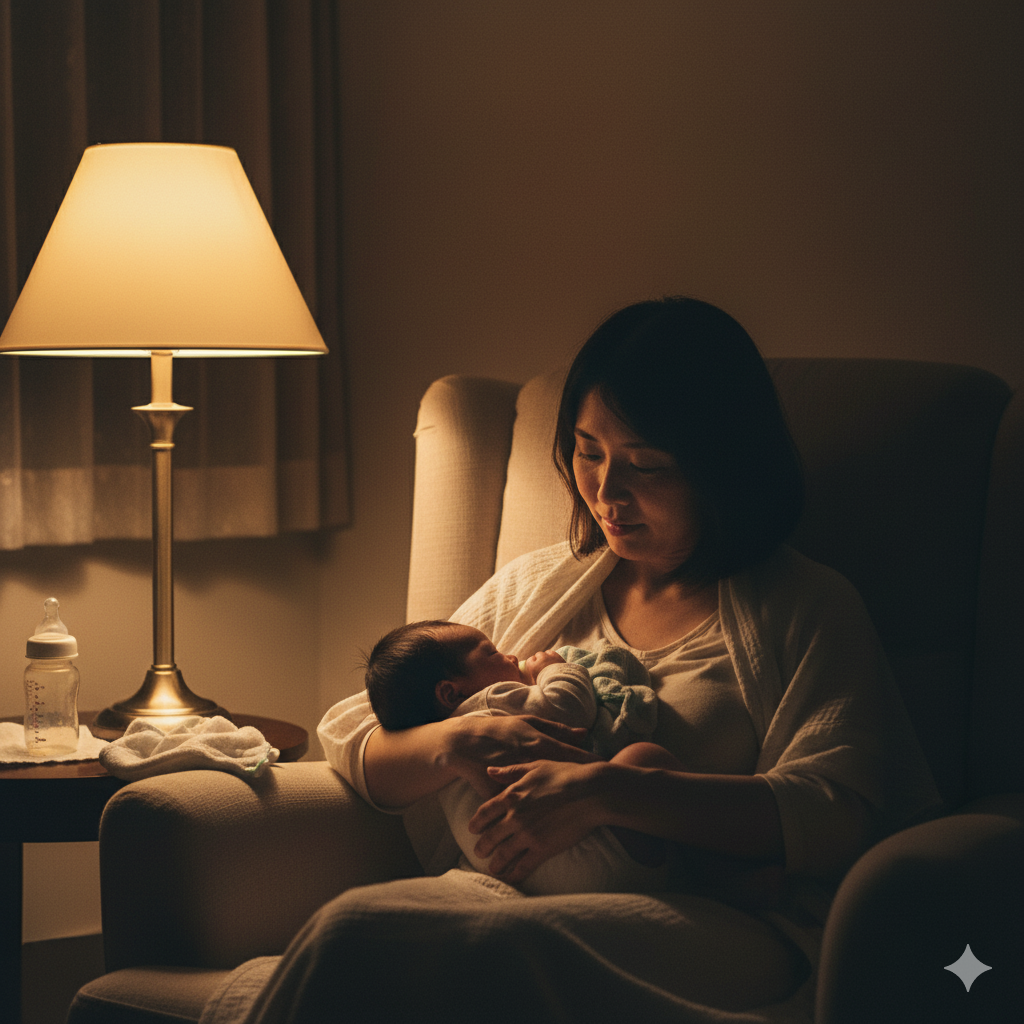 夜中の授乳で眠れない産後の母親が、赤ちゃんを抱いて優しくあやしている様子。