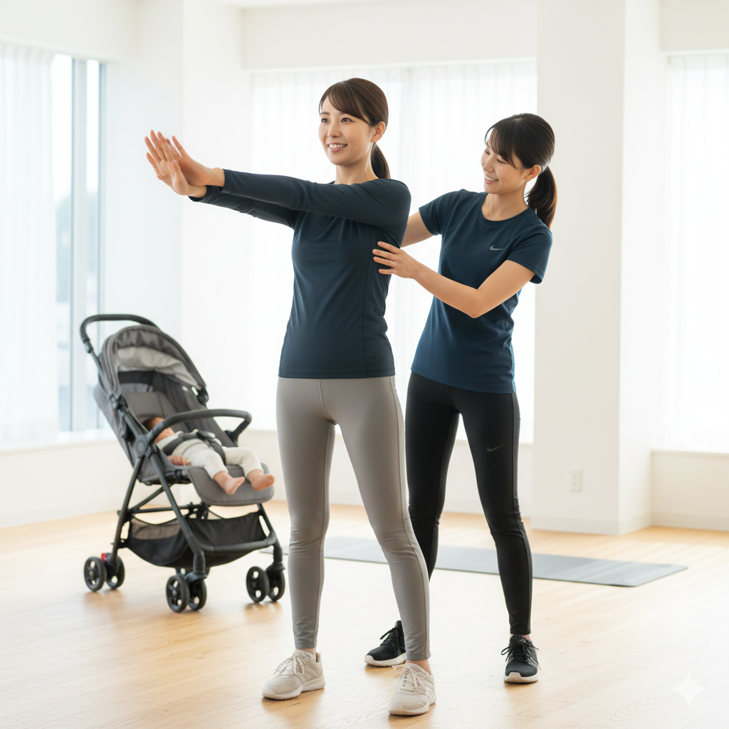 パーソナルトレーナーの指導を受けながらストレッチを行う産後の母親。リラックスした笑顔で運動している。