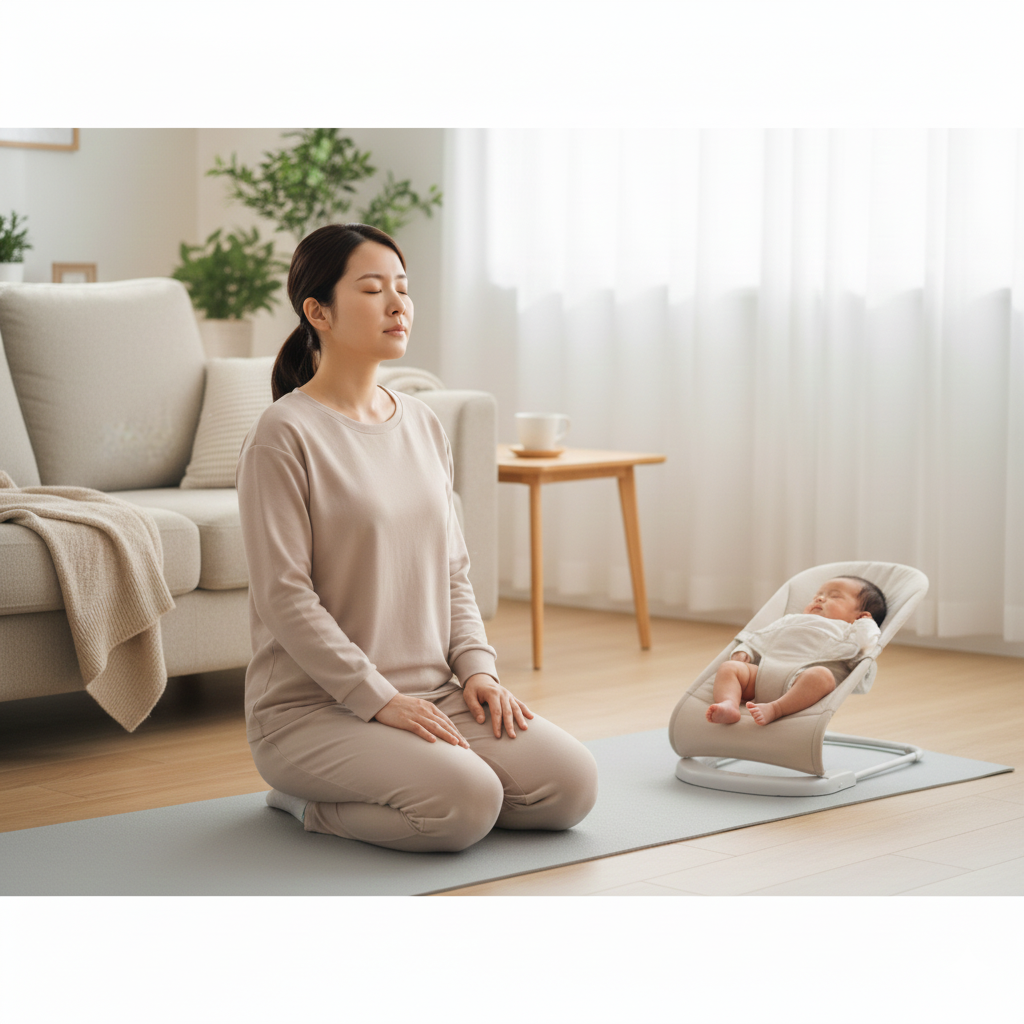 ストレッチマットの上で深呼吸しながら軽い体幹トレーニングを行う産後ママの写真