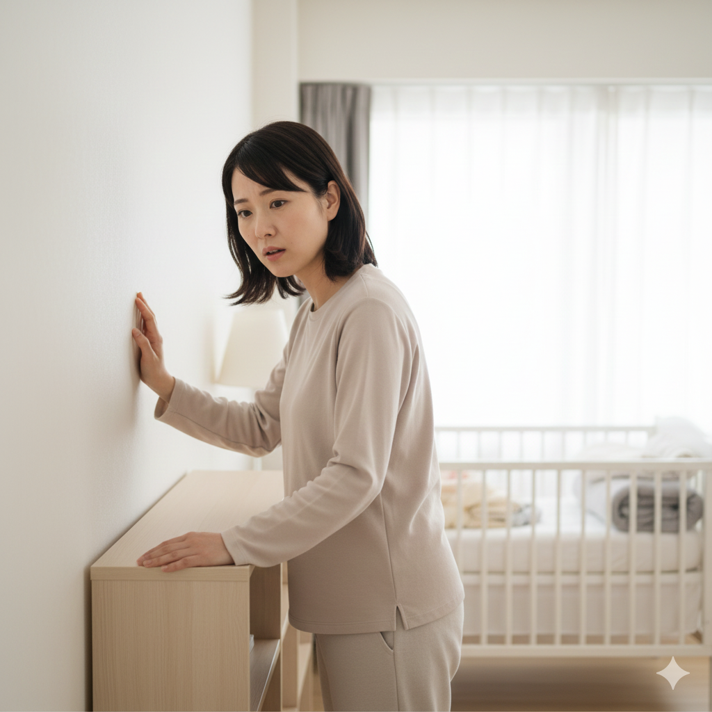 産後の女性が立ち上がったときにふらつき、壁に手をついて体を支えている様子を描いた写真