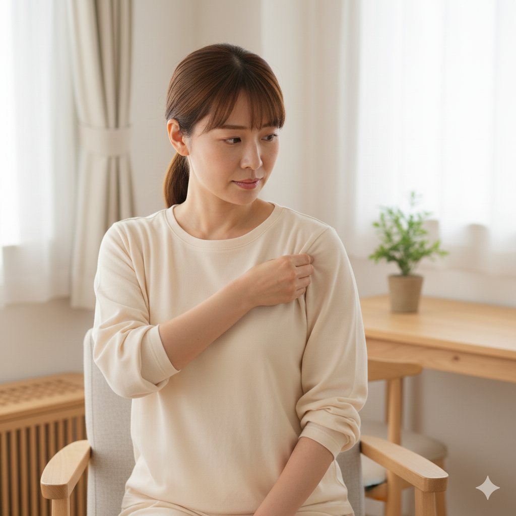 産後に脇のしこりに気づき、違和感を確かめるように脇に手を添えるママの様子
