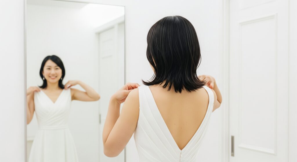 ウェディングドレスを試着し、結婚式に向けてのダイエットを決意する花嫁