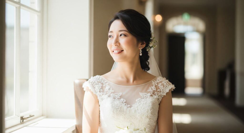 ウェディングに向けてのダイエットに成功し、笑顔で結婚式当日を迎えた女性