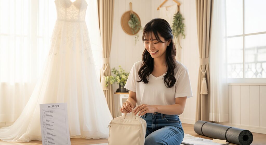 ブライダルスタジオでのフォトウエディングに向けてのダイエットに成功し前日の準備をする花嫁