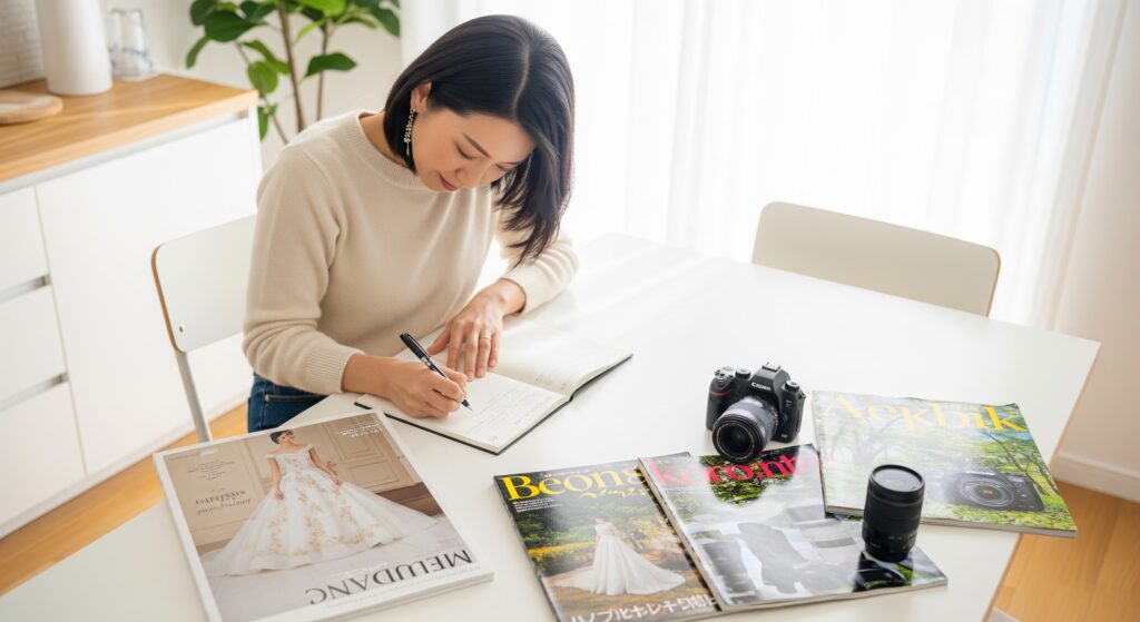 スタジオウェディングのためのトレーニングの計画を立てる花嫁