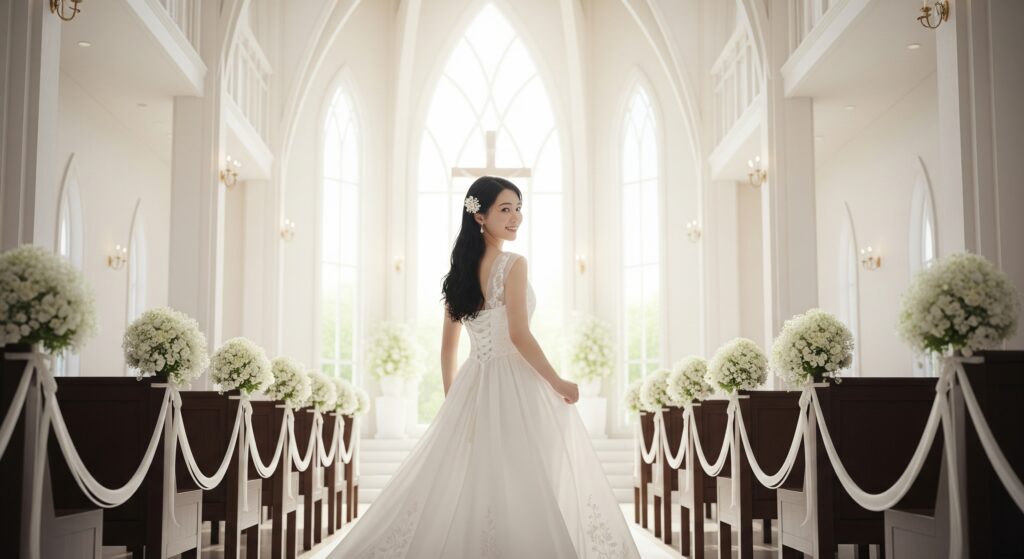 結婚式に向けてのダイエットに成功し、理想の状態で式当日を迎えた状態でバージンロードを歩く花嫁