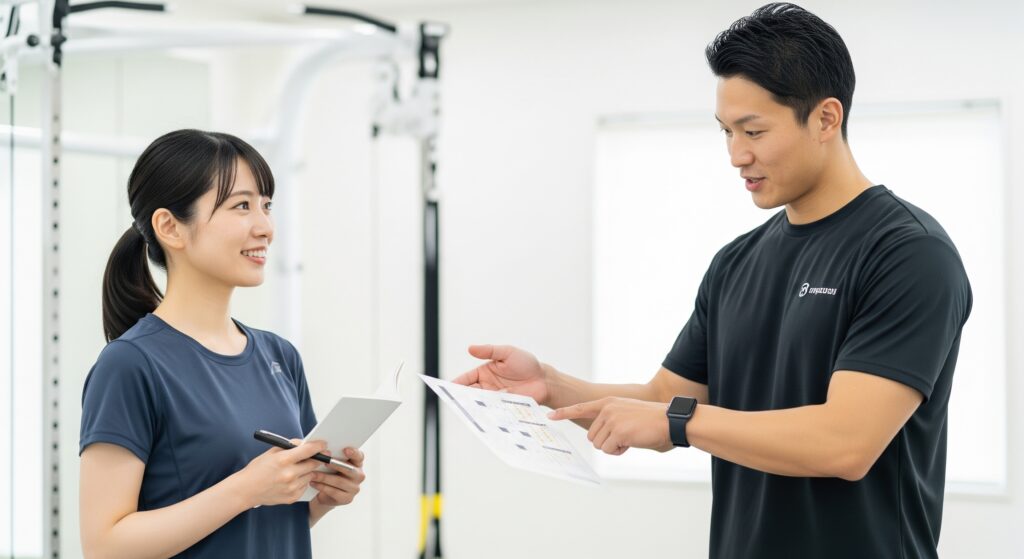 東京での結婚式にあたり、ダイエットのためにトレーナーと計画を練る花嫁