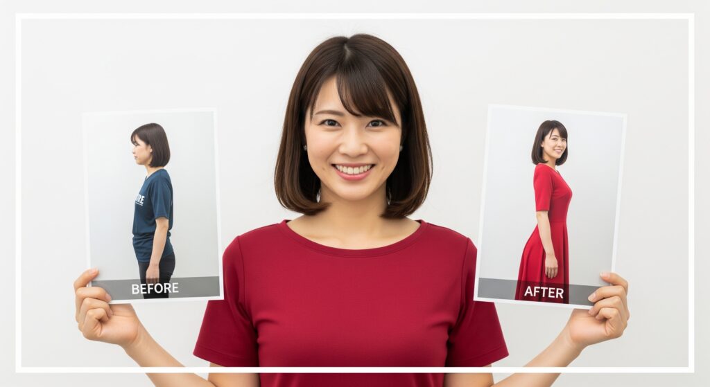 ブライダルスタジオでのフォトウエディングに向けてのダイエットのビフォーアフター写真を見せる花嫁