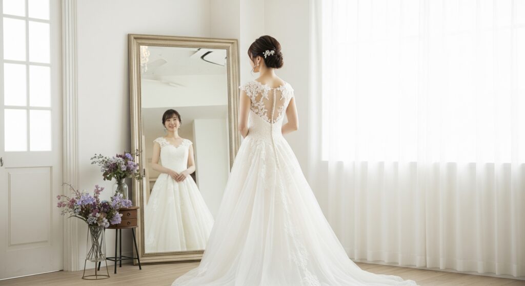 ブライダルスタジオでのフォトウエディングに向けてのダイエットに成功し理想の姿を確認する花嫁