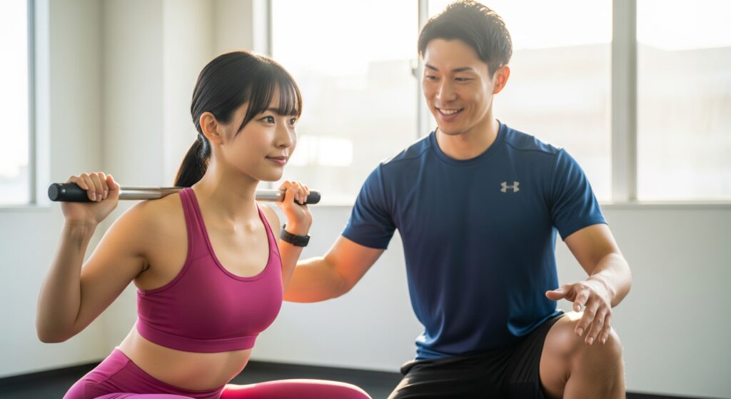 結婚式1ヶ月前のダイエットでパーソナルトレーニングを受けてフォームチェックをする花嫁