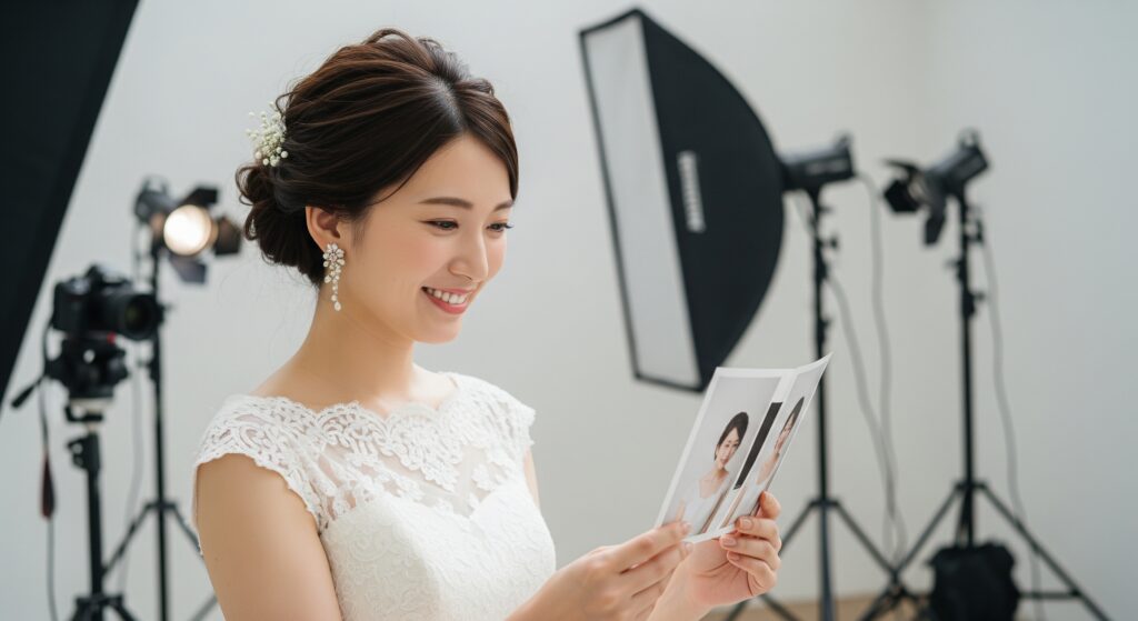 ブライダルスタジオでのフォトウエディングに向けてのダイエットに成功し理想の姿で当日を迎えた花嫁が自分の写真を眺めている