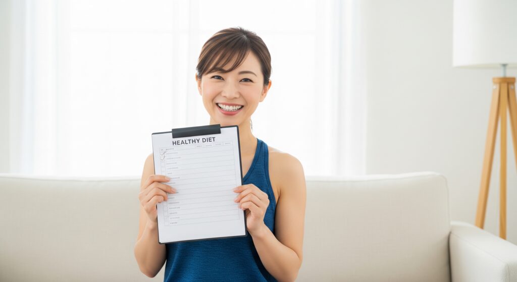 結婚式に向けて-10kgのダイエットのためのチェックリストを見せる女性