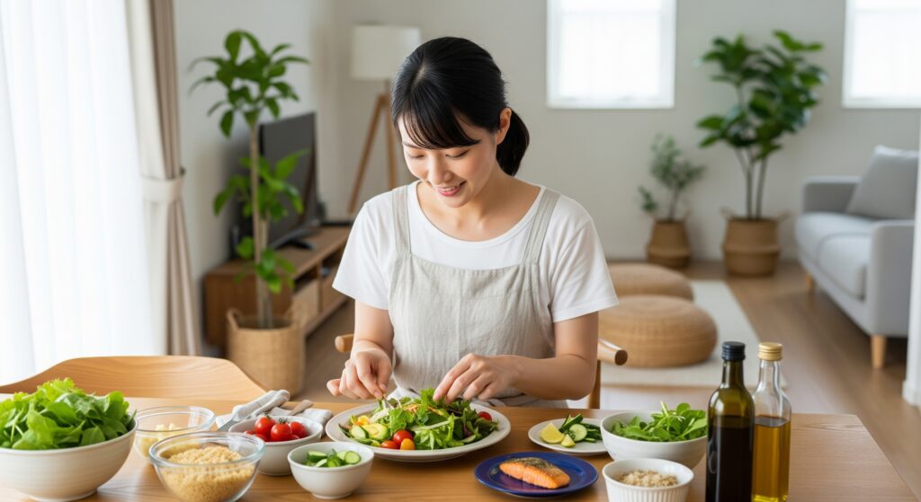 結婚式までのダイエットのために健康的な食事をとる花嫁