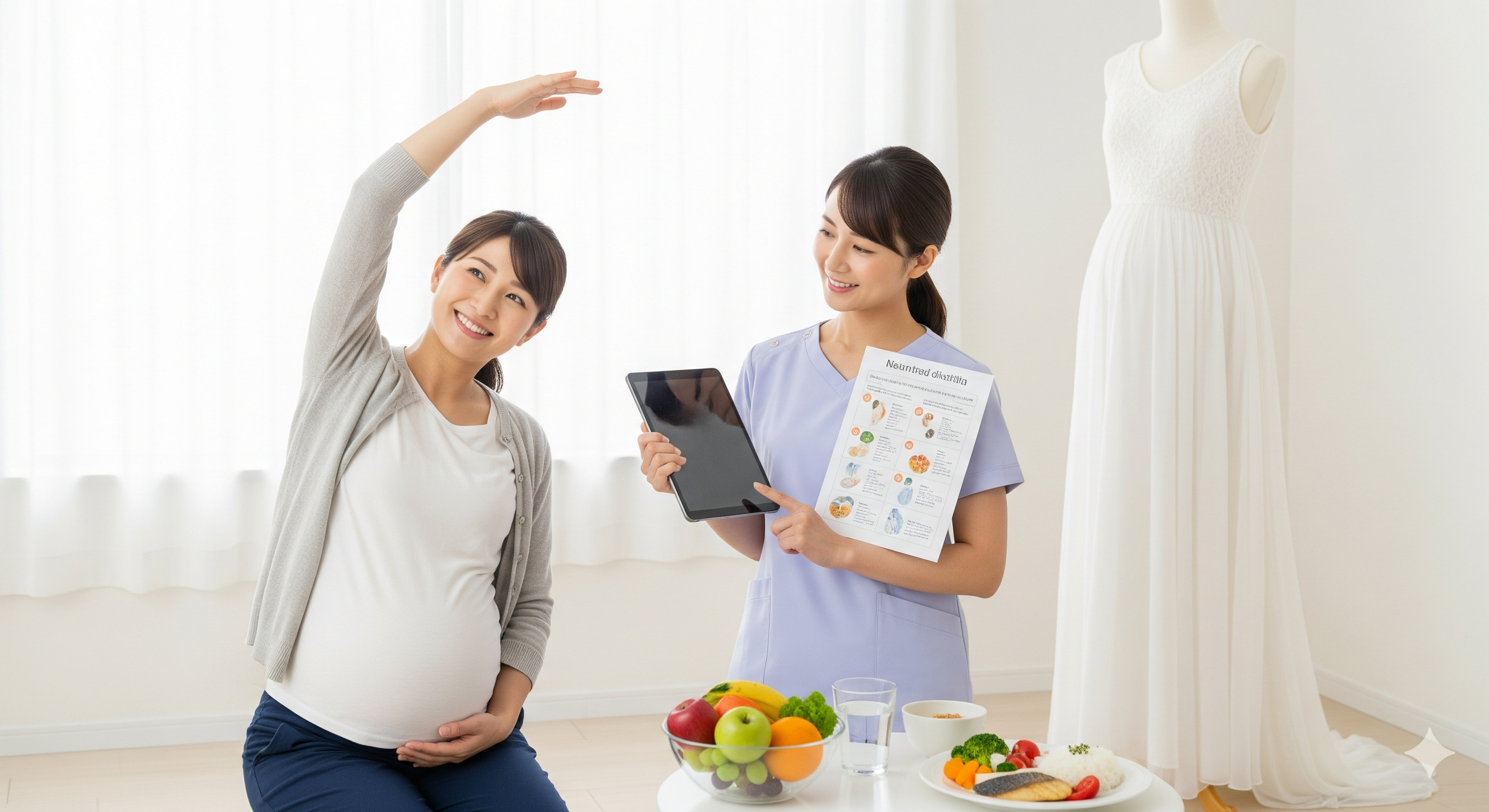 妊婦 花嫁 ダイエットで無理をせず、安全に食事と運動を取り入れる妊婦花嫁の姿
