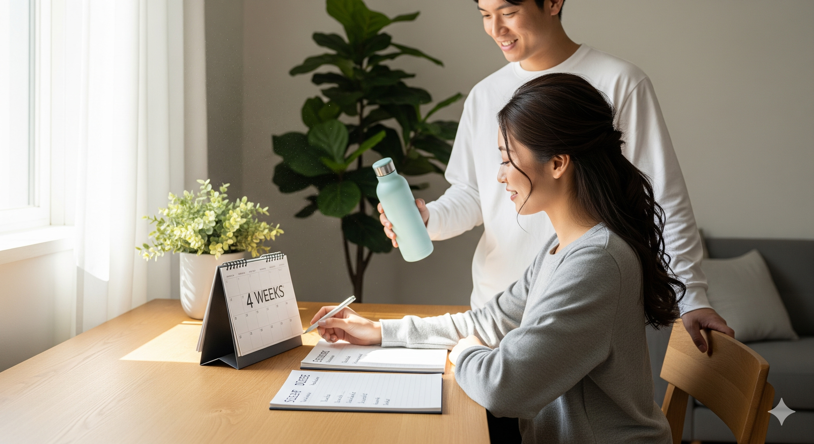 結婚式まで1ヶ月の花嫁が、花嫁 ダイエット 1 ヶ月の計画をカレンダーとチェックリストで立て、旦那さまと一緒に準備を進めている場面。