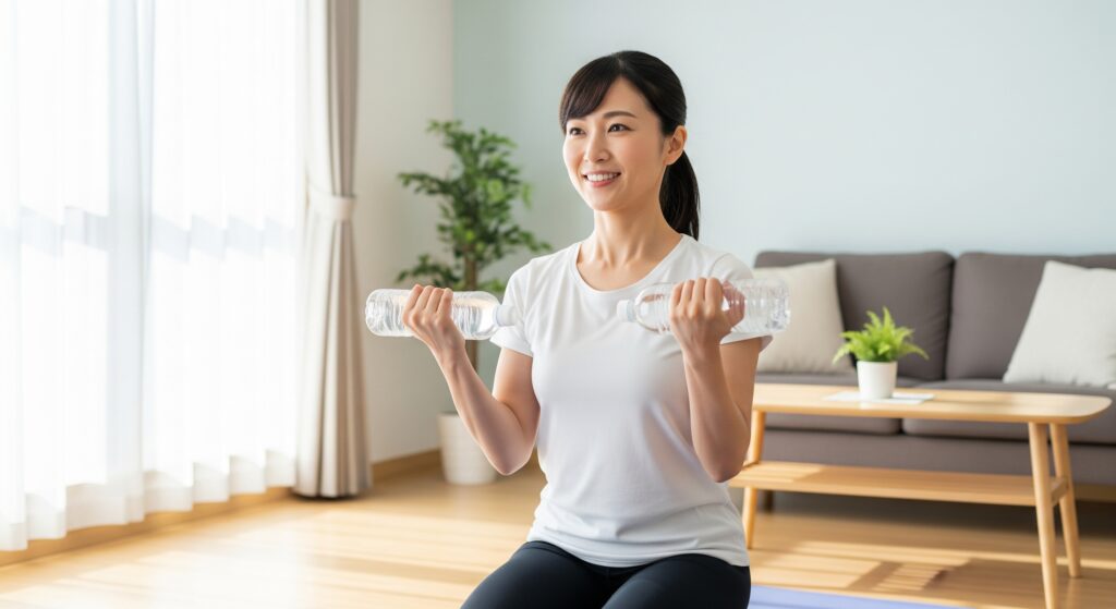 結婚式のために二の腕ダイエットのトレーニングを自宅で行う花嫁