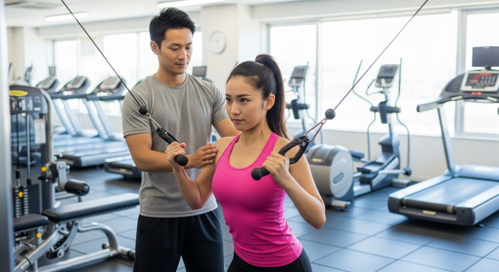 結婚式のために二の腕ダイエットのトレーニングをジムで行う花嫁