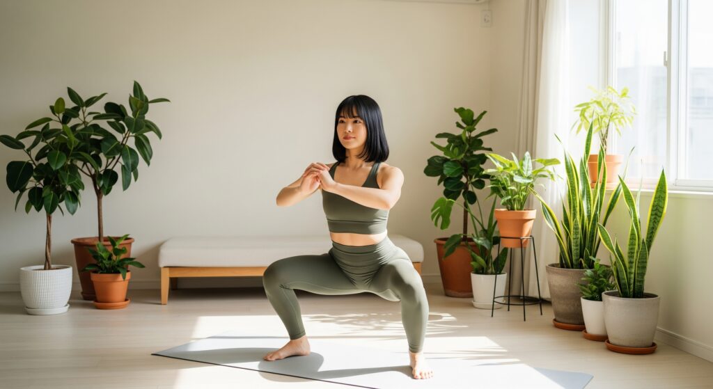 ブライダルのための自宅でダイエットとしてスクワットを行う花嫁