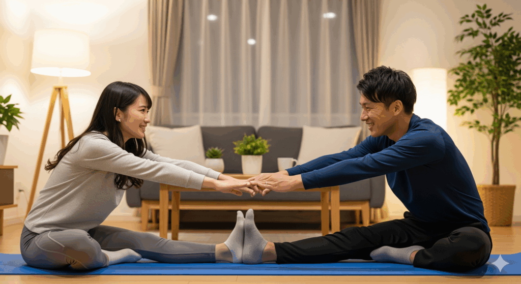 花嫁 ダイエット 1 ヶ月に取り組む花嫁が、旦那さまと一緒に夜のストレッチを行い、生活習慣を整えて結婚式準備を進めている様子