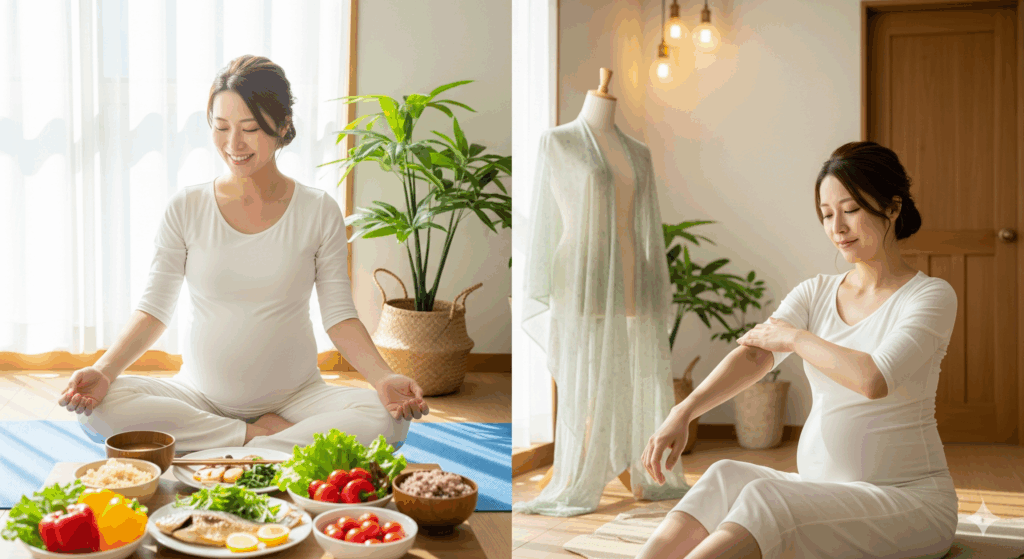 妊婦 花嫁 ダイエットを安全に進めるために、ヨガマットの上でストレッチをする妊婦花嫁の姿
