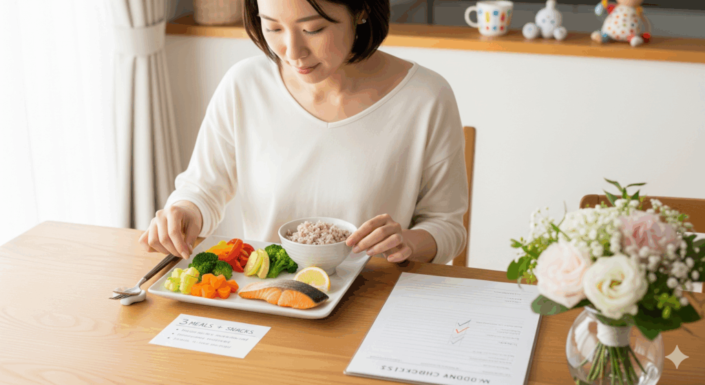 結婚式前の日本人女性が、野菜・魚・雑穀ご飯を盛り付ける食卓。テーブルにはブーケと準備リスト、背景にベビー用マグがあり、結婚 式 前 ダイエット 食事 と育児を両立する工夫を表現。