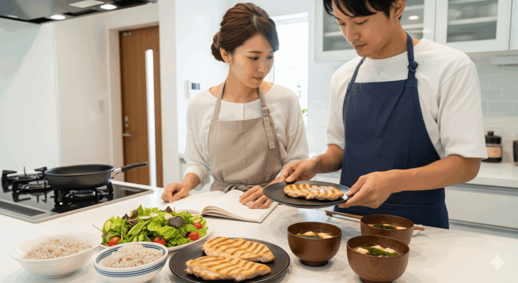 結婚式まで1ヶ月の花嫁が、花嫁 ダイエット 1 ヶ月の食事改善として、こんにゃく米や高たんぱくメニューを旦那さまと一緒に準備している様子。