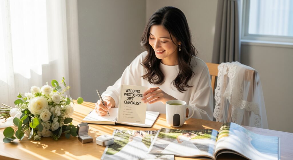ウェディングフォトに向けたダイエットのチェックリストにチェックを付ける花嫁