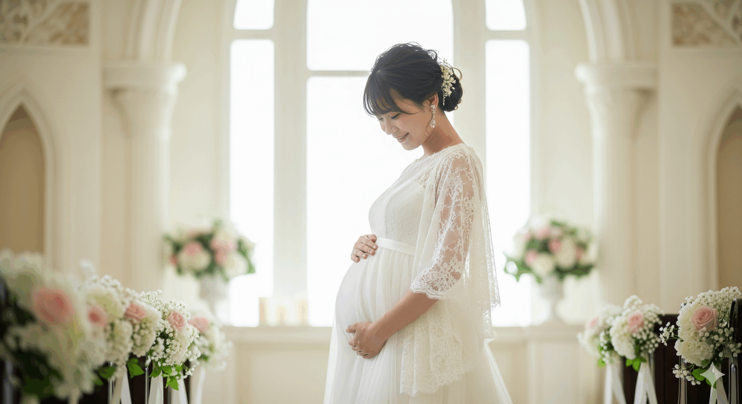 妊婦 花嫁 ダイエットを意識しながら結婚式準備を進めるマタニティ花嫁が、白いドレスでお腹を抱えて微笑む姿