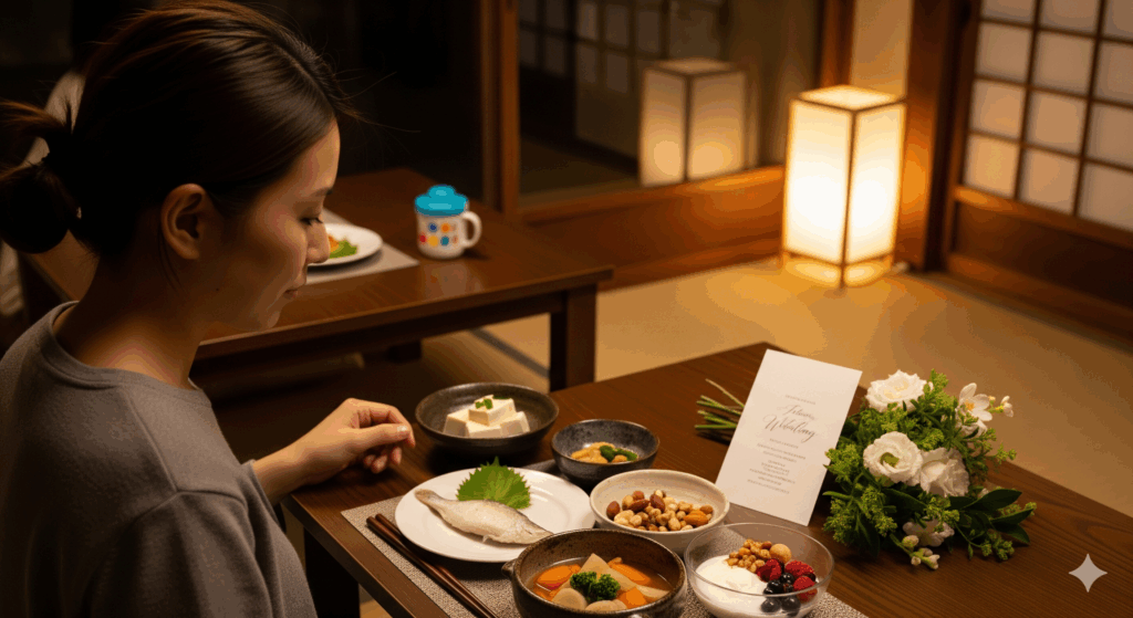 軽めの夕食（白身魚・豆腐・温野菜スープ）とナッツ・ヨーグルト・フルーツを用意する日本人女性。テーブルには招待状とブーケ、背景にベビー用マグがあり、結婚 式 前 ダイエット 食事 を意識した夜の食事シーンを表現。