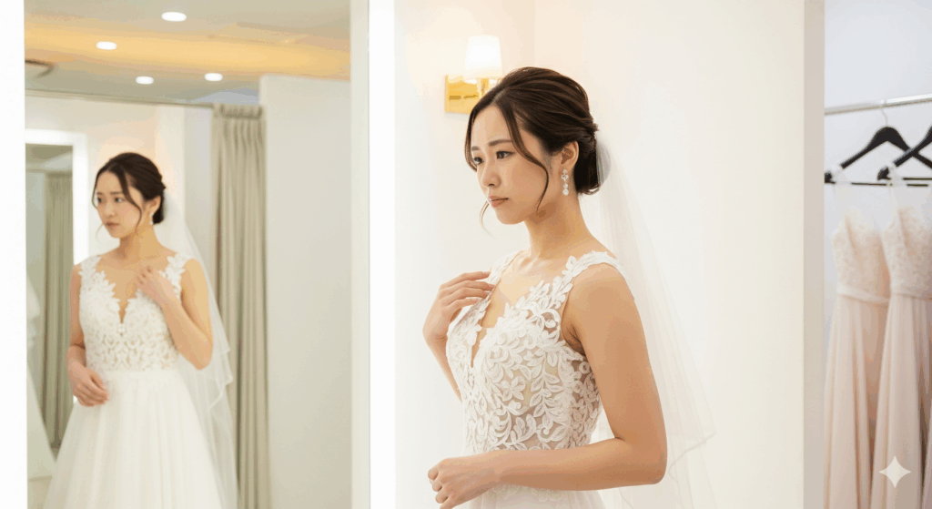 ブライダルで痩せることを意識して鏡を見つめる花嫁が、結婚式準備のストレスを感じている様子
