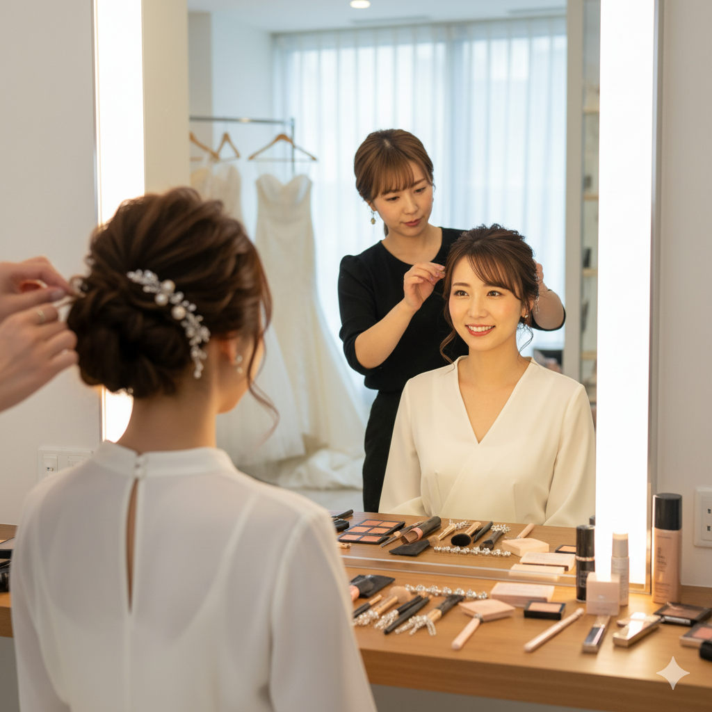 ヘアメイクリハーサルで鏡の前に座る花嫁とスタッフのシーン
