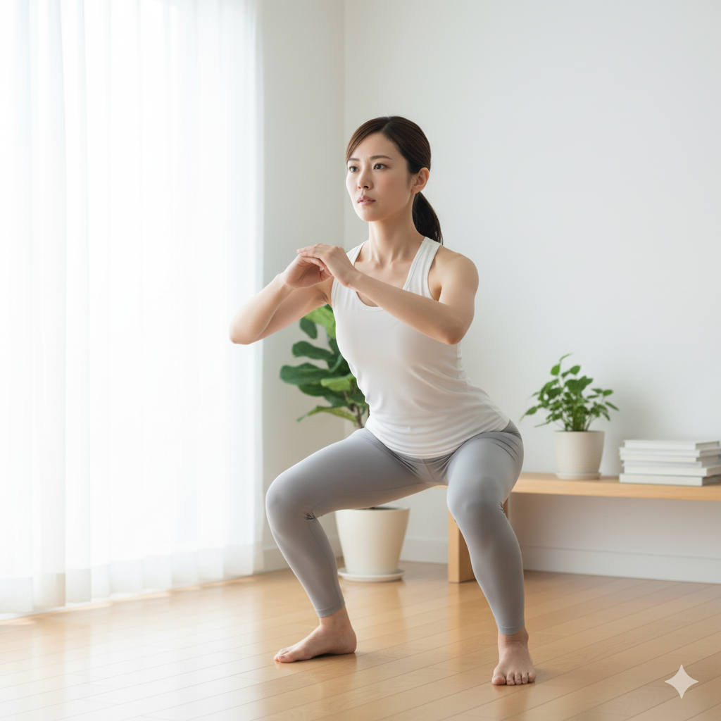 結婚式のダイエット に間に合わないと悩む花嫁が、自宅でスクワットを行い下半身を引き締めている様子