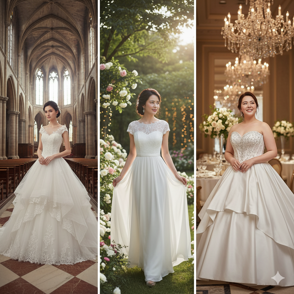 体型や会場に合わせたウェディングドレスの比較イメージ（背の高い花嫁はベルライン、小柄な花嫁はエンパイアライン、ふくよかな花嫁はプリンセスライン）