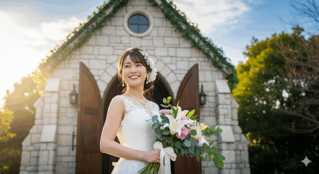 ブライダルで痩せる努力を乗り越え、笑顔で結婚式当日を迎える花嫁の様子
