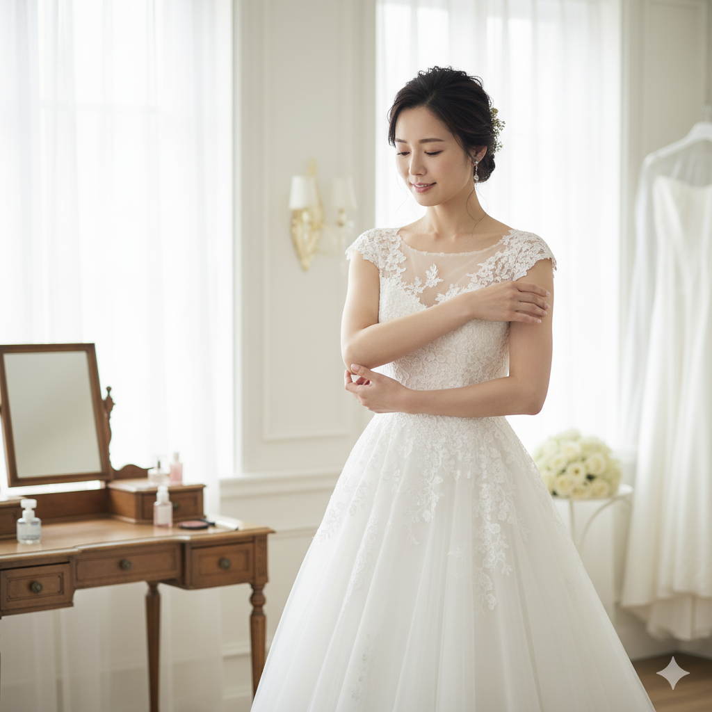 結婚式前に二の腕を引き締めて自信を持つ花嫁のドレス姿