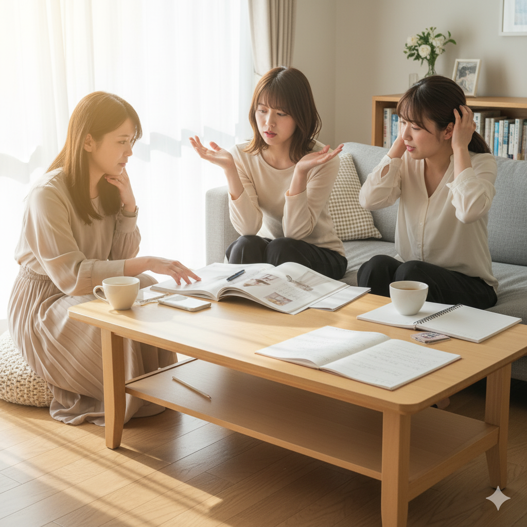 結婚式へのダイエットの後悔について先輩花嫁たちが座談会で失敗談を共有している様子