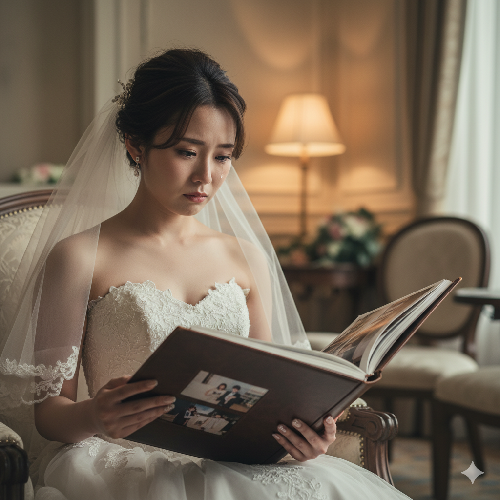 結婚式の写真を見返して少し落ち込む花嫁