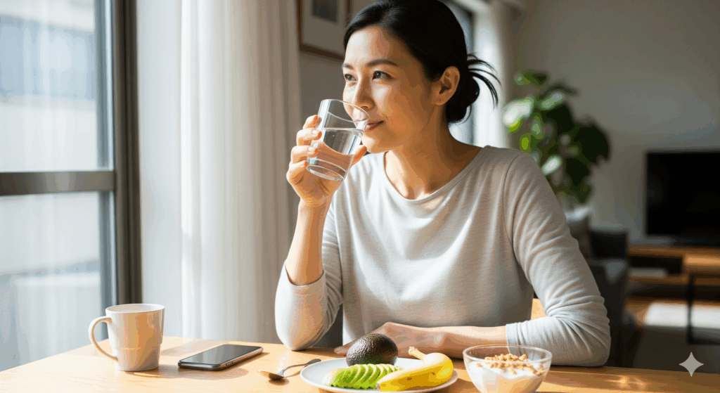 結婚式まで1ヶ月ダイエットの4週目に行う直前の食事調整と水分管理のイメージ。
