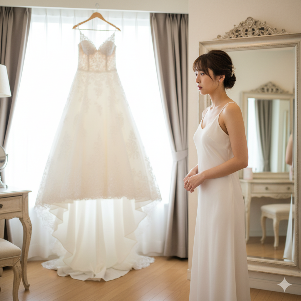 結婚式へのダイエット に後悔を感じている花嫁が、結婚準備のスケジュールを見ながら悩んでいる様子