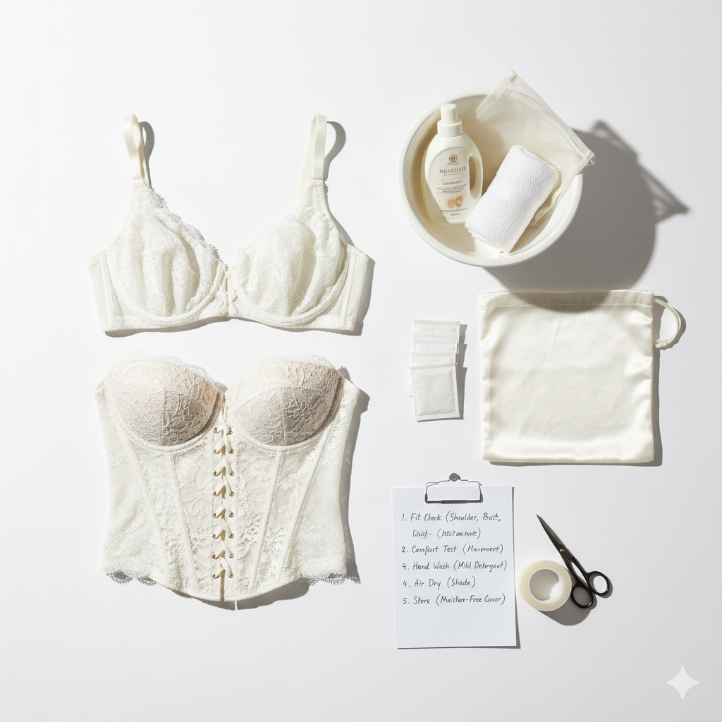 試着時のチェックリストとお手入れ用品を並べたブライダルインナーの写真風フラットレイイメージ