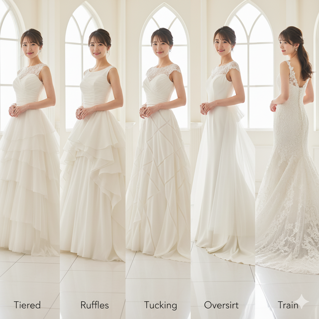 ウェディングドレスのスカートデザイン5種類（ティアード、ラッフル、タッキング、オーバースカート、トレーン）の比較イメージ
