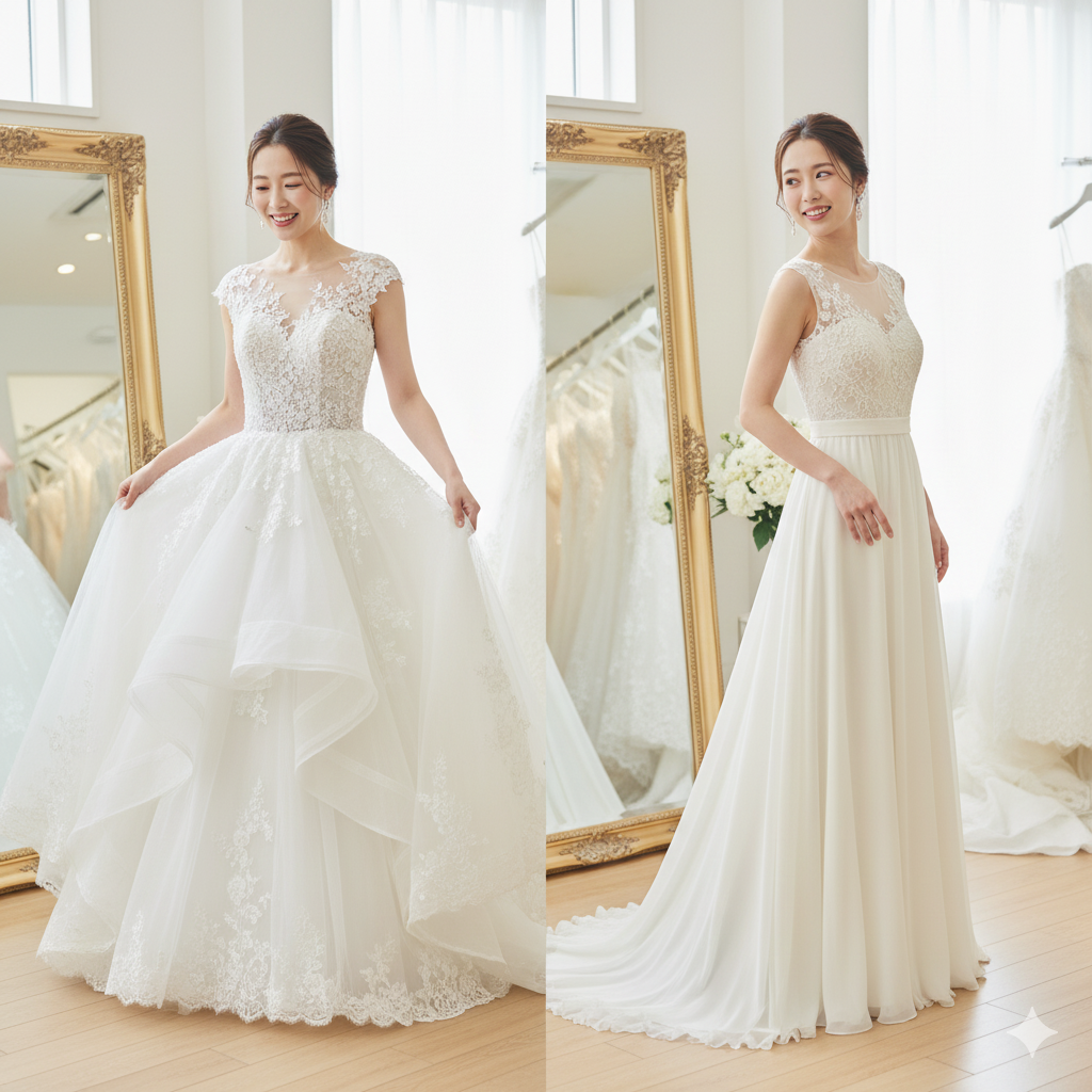 プリンセスラインとエンパイアラインのドレスを試着するスレンダー体型の花嫁の写真
