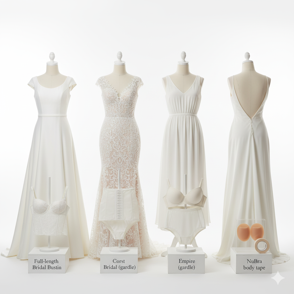 ドレス種類ごとの推奨ブライダルインナーを並べて比較した写真風イメージ